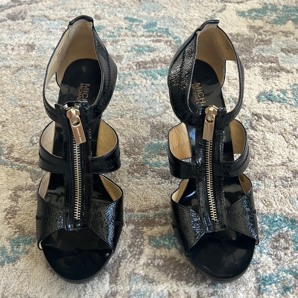 Black patent leather, strappy MICHAEL Michael Kors heels, size 9.